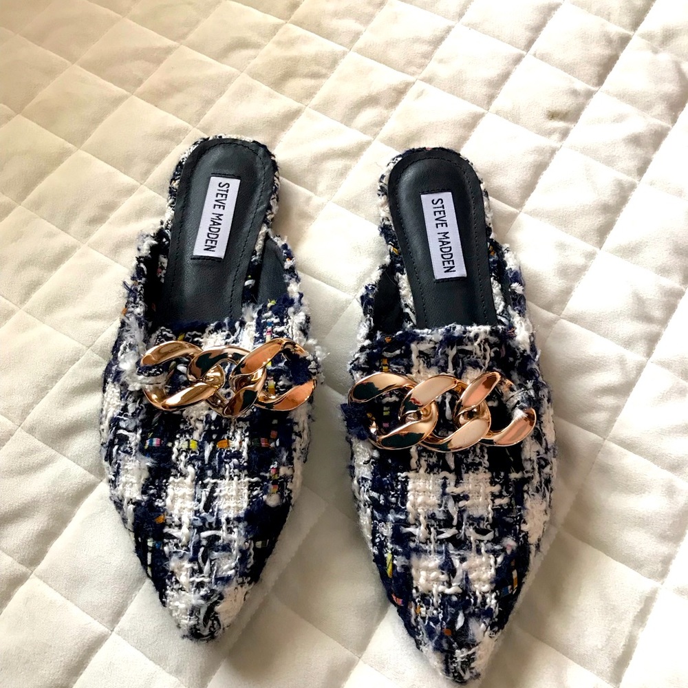 Tweed mules with chain detail